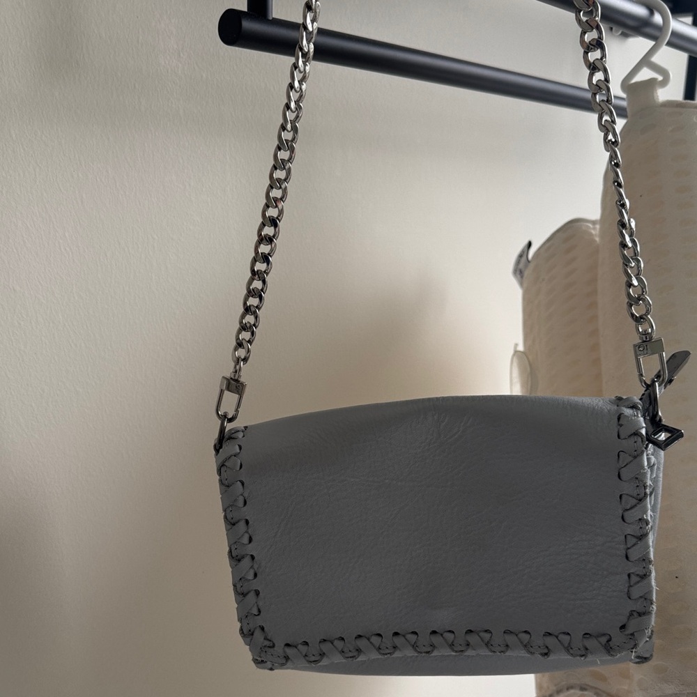 Gray Leather Chain Shoulder Bag